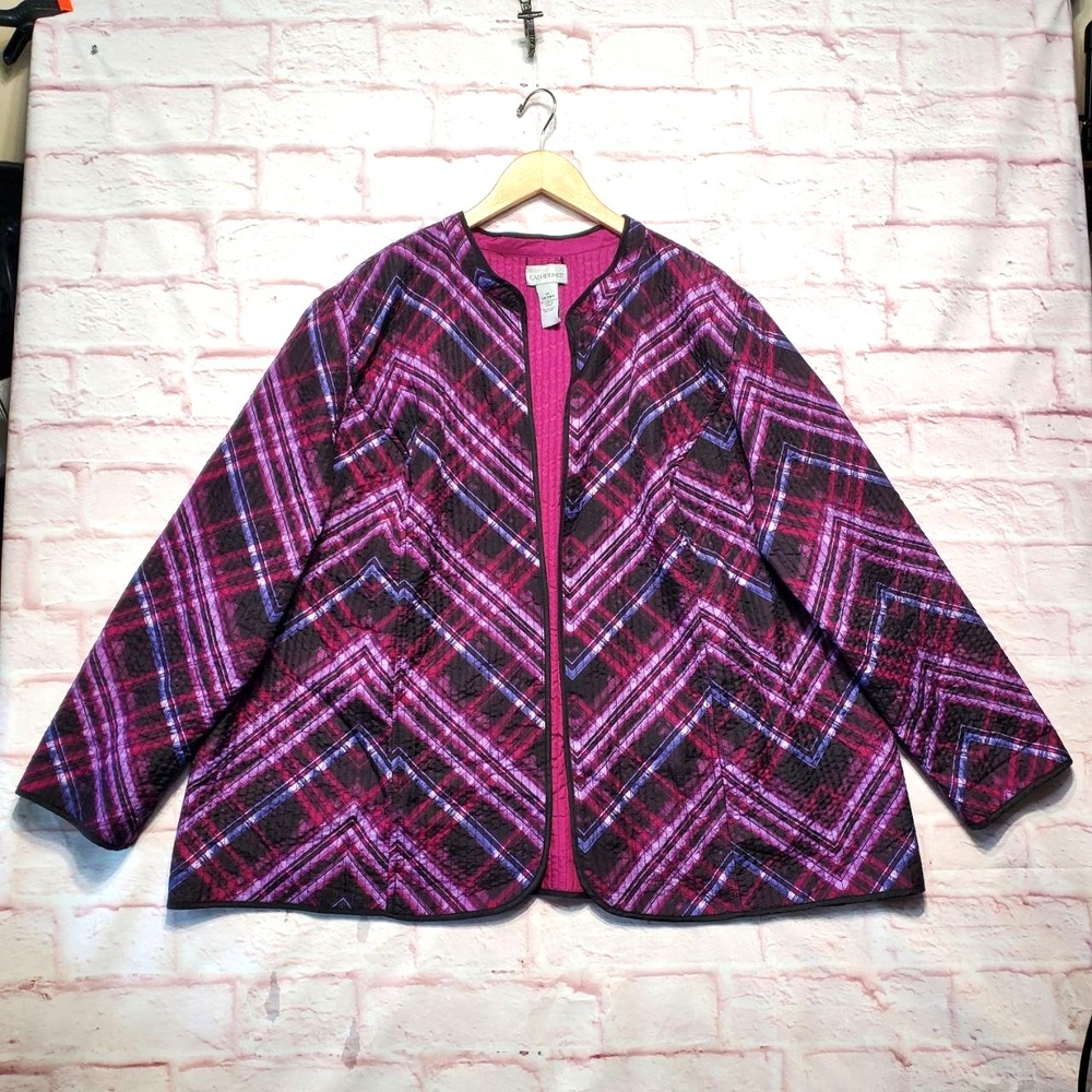Catherines Jacket Womens 3X 26/28W Purple Reversible Quilted Lightweight Plaid